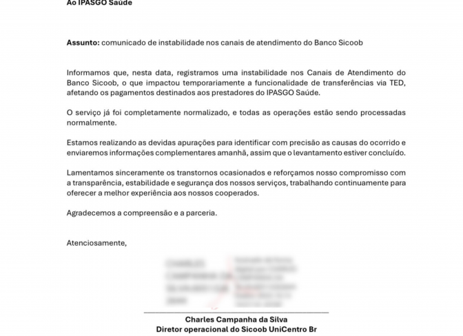 Ipasgo Saúde informa instabilidade temporária no sistema bancário do Sicoob